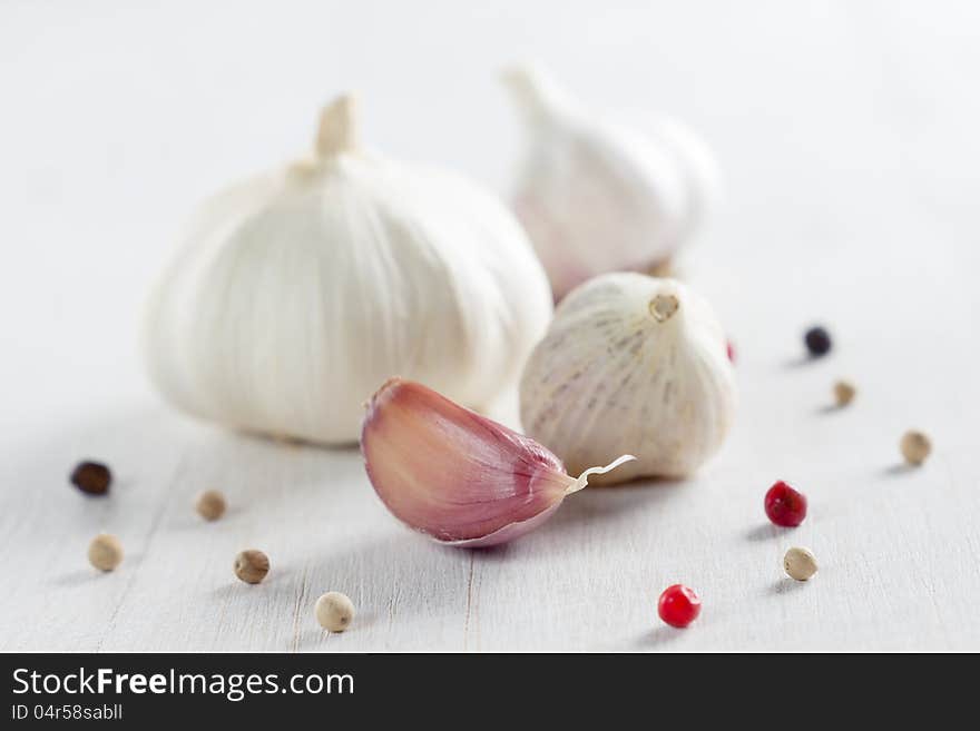 Garlic close up on kitchen table