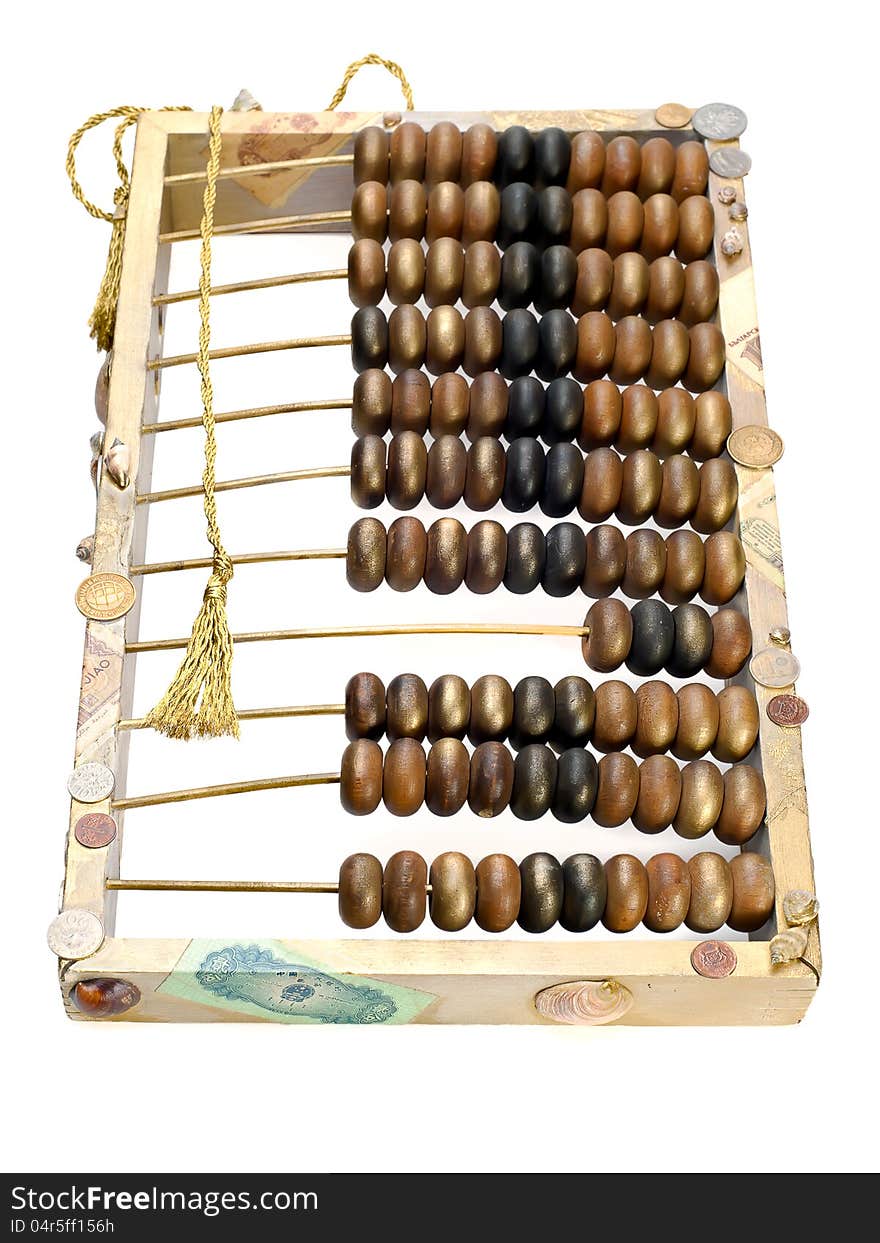 Abstract composition from the old abacus, coins and shells isolated on white background