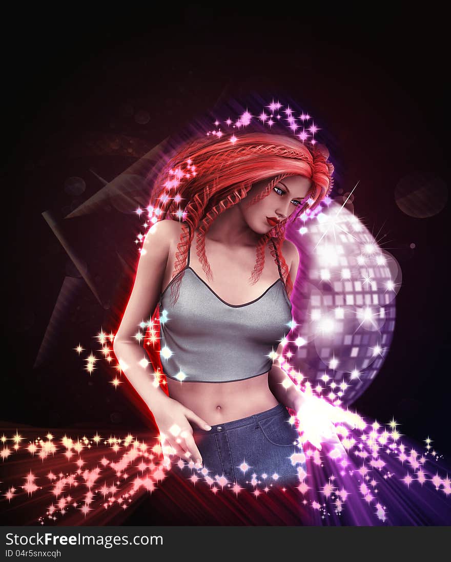 Abstract illustration of a girl on disco party background.