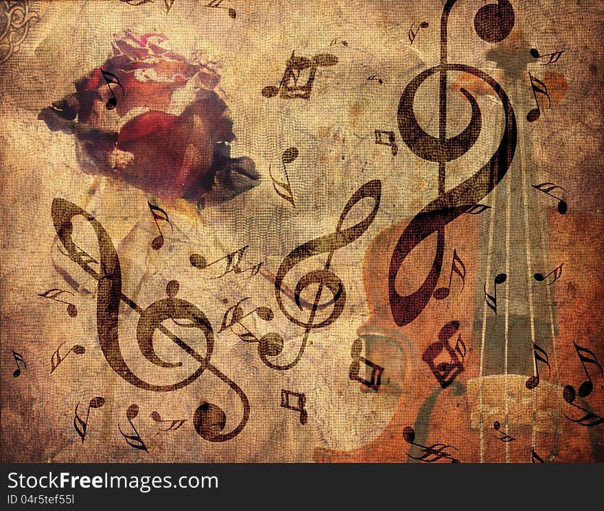 Abstract grunge rose, violin and music notes vintage background. Abstract grunge rose, violin and music notes vintage background.