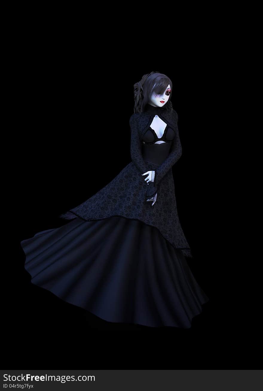 3d rendered girl in black dress on back background. 3d rendered girl in black dress on back background.