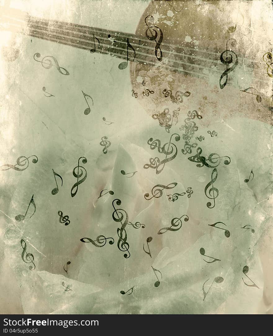 Vintage grunge background with rose and music notes. Vintage grunge background with rose and music notes.