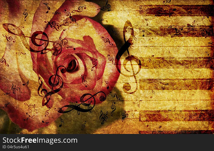 Vintage grunge background with rose and music notes. Vintage grunge background with rose and music notes.