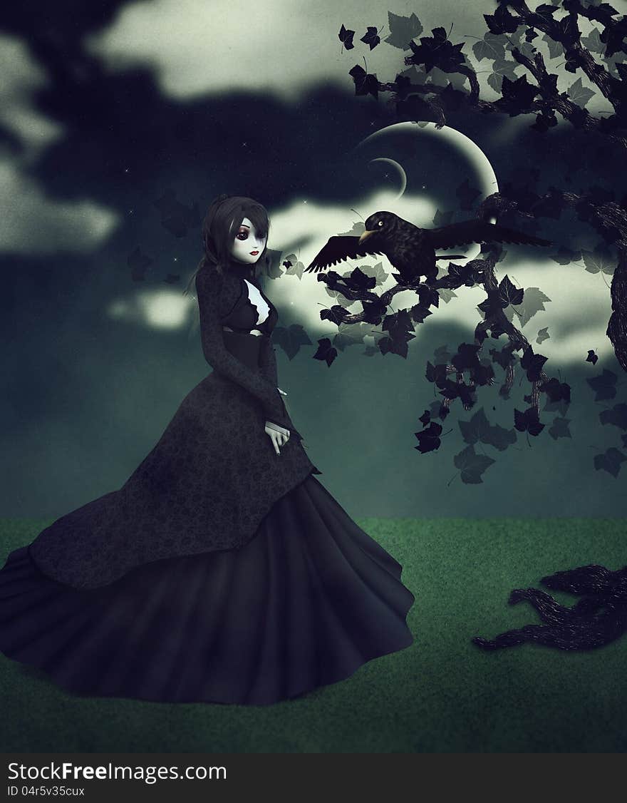 Abstract illustration of woman in black dress and raven.