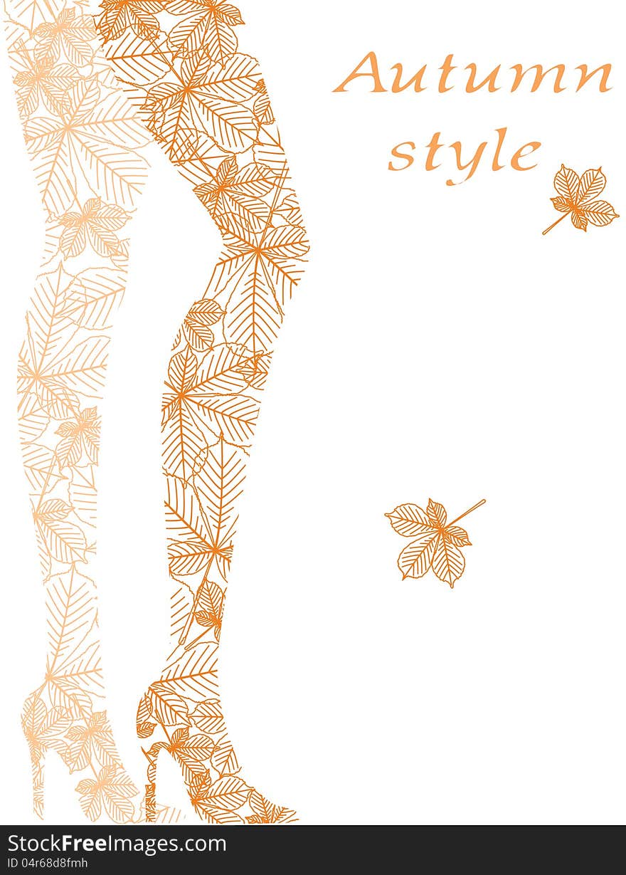 Fashion woman legs from autumn leaves on white.