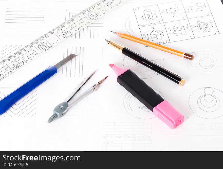 Tools and mechanisms detail on the background of engineer drawings. Tools and mechanisms detail on the background of engineer drawings