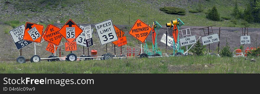 This image of the numerous highway signs consists of 5 images stitched together and was taken in NW Montana.