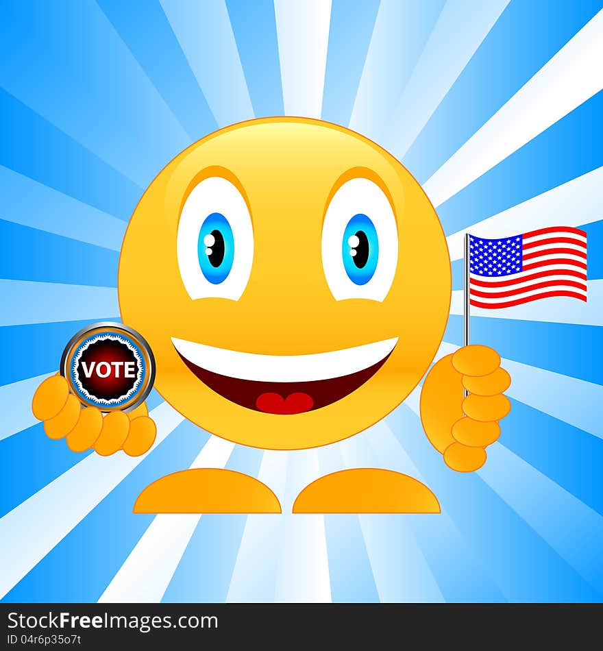 Vector illustration of a smile with the American flag and a badge a vote. Vector illustration of a smile with the American flag and a badge a vote