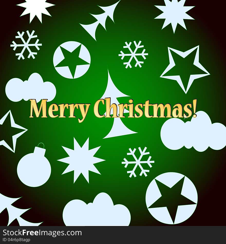 Green Merry Christmas background with various figures of white color