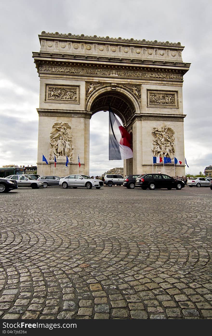 View of the iconic monument Arc of Triumph in Paris, France.