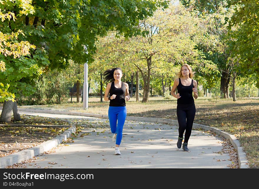 Two athletic attractive women jogging in a park together in a health and fitness concept. Two athletic attractive women jogging in a park together in a health and fitness concept