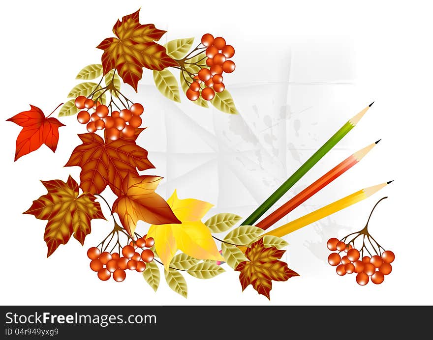 Autumn banner with pencils, leafs and paper