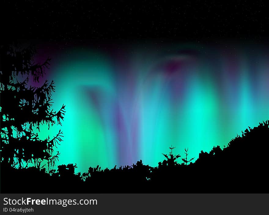 Arctic night polar over forest. Arctic night polar over forest