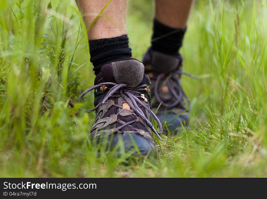 Hiking boots in an outdoor action