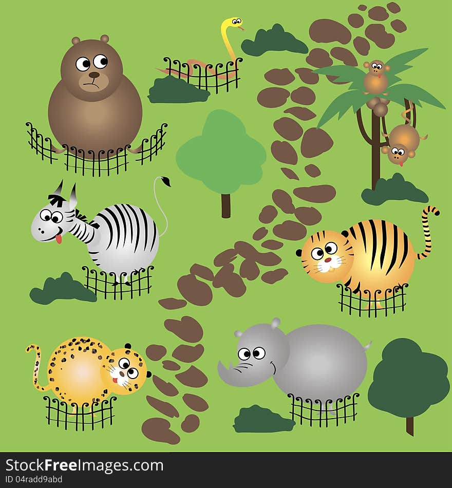 Cartoon illustration with funny animals in zoo