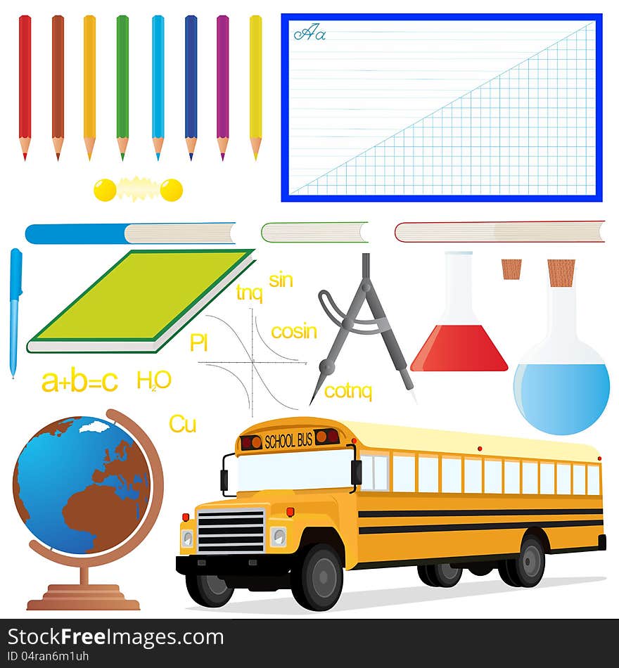 School bus and a set of school items and accessories. The illustration on the theme of the school on a white background.