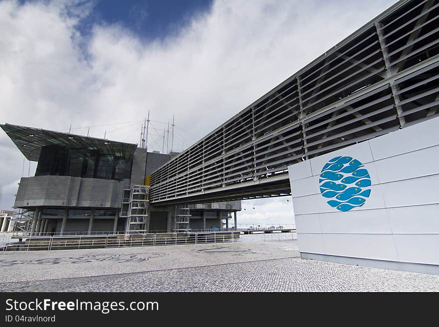 View of a modern aquarium building located in Lisbon, Portugal.