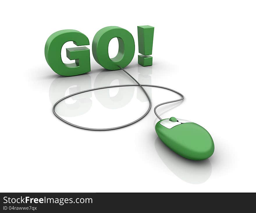 Three dimensional illustration of Green mouse attached to word go on white background. Three dimensional illustration of Green mouse attached to word go on white background.