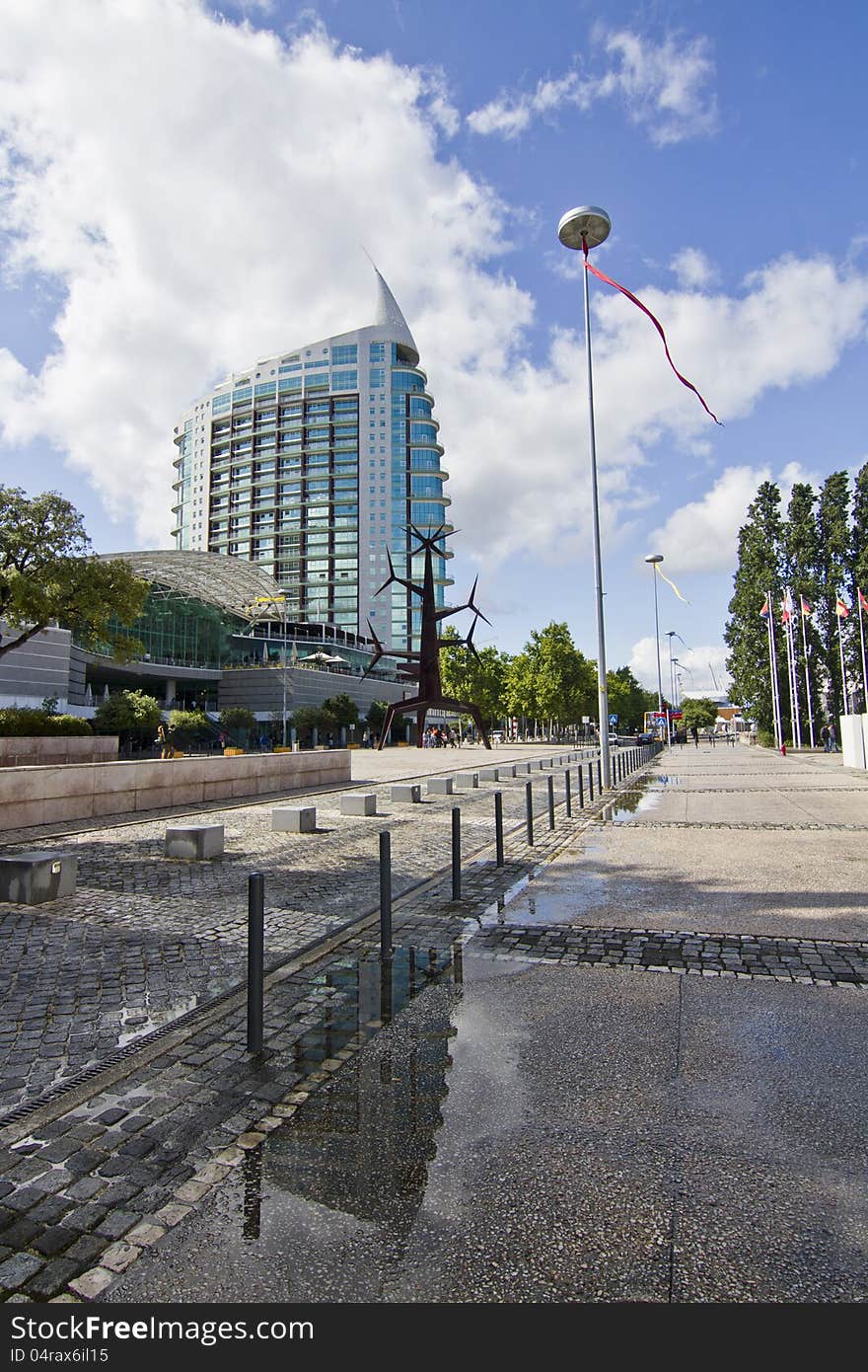 View of the beautiful urban park area of Parque das Nacoes in Lisbon, Portugal. View of the beautiful urban park area of Parque das Nacoes in Lisbon, Portugal.