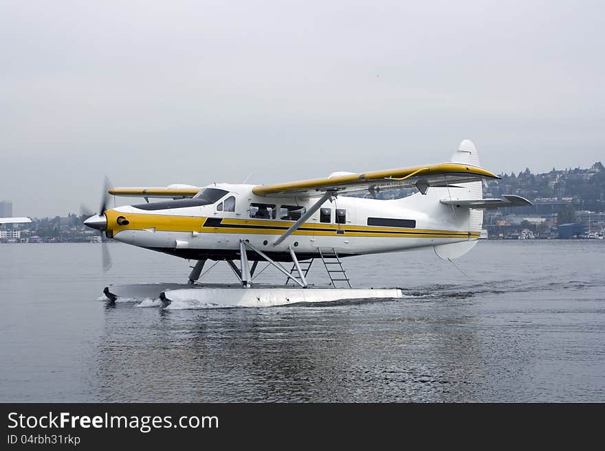 Floatplane landing on lake