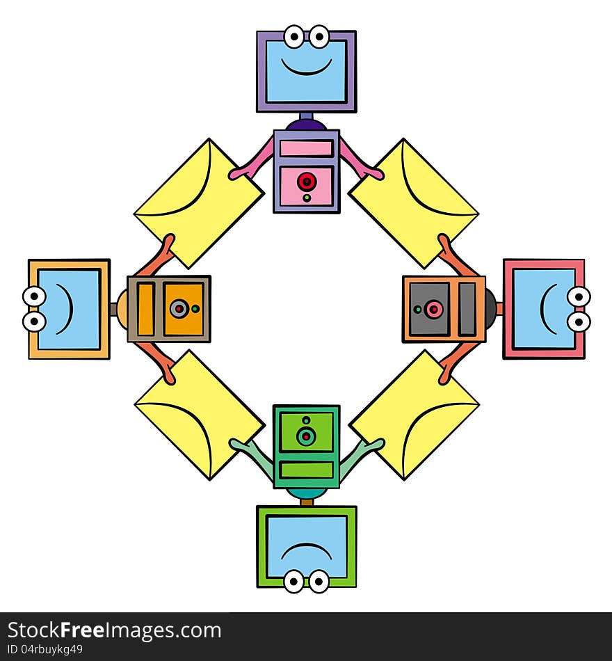 A group of computers happily exchanges mail envelopes with each other. A group of computers happily exchanges mail envelopes with each other