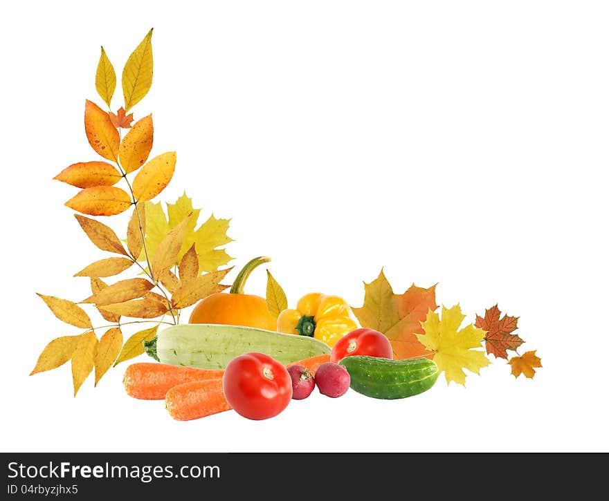 Harvest concept. Autumn leaves border with various vegetables on white background. Harvest concept. Autumn leaves border with various vegetables on white background