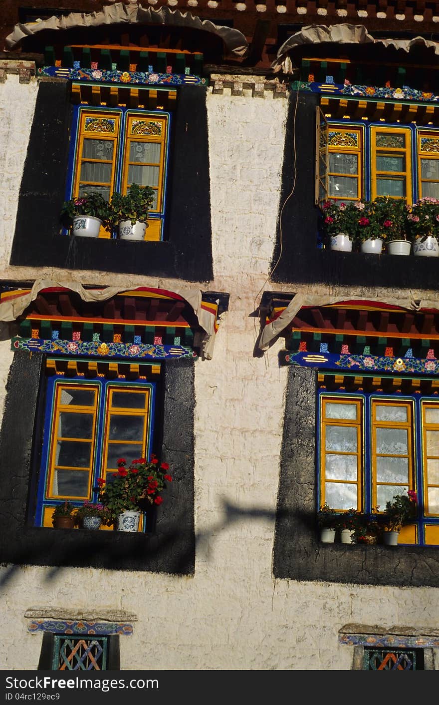 Tibetan windows of Jokhang Temple, Lhasa, Tibet, 2005.