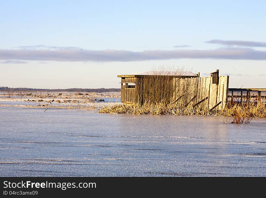 Birdwatching hides in winter time