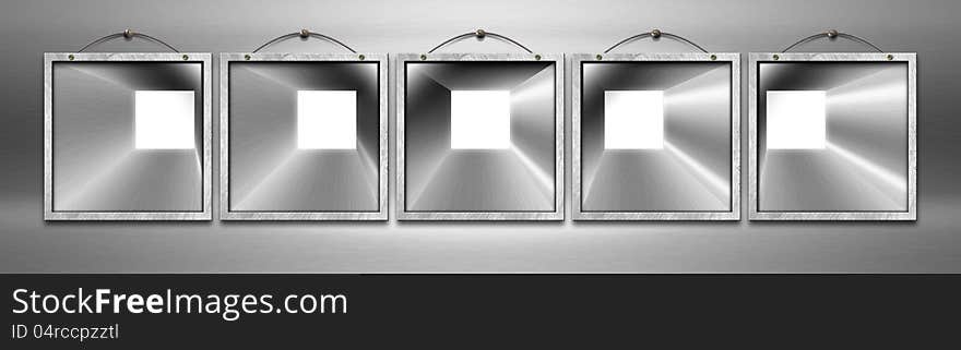 Five blank square metal frames hanging on a metal wall with metal cable. Five blank square metal frames hanging on a metal wall with metal cable