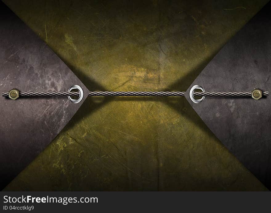 Metallic grunge background with metal cable and bolts heads. Metallic grunge background with metal cable and bolts heads