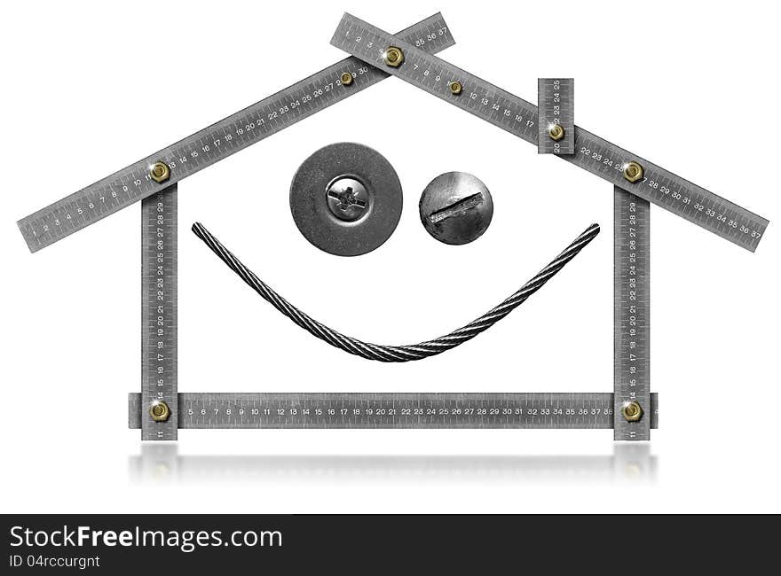 Metal meter tool forming a house smiles and winks. Metal meter tool forming a house smiles and winks