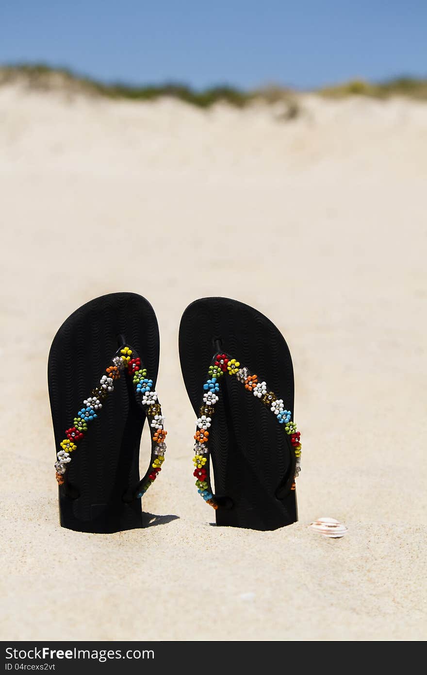 View of two beach sandals with flower detail stuck on the sand.