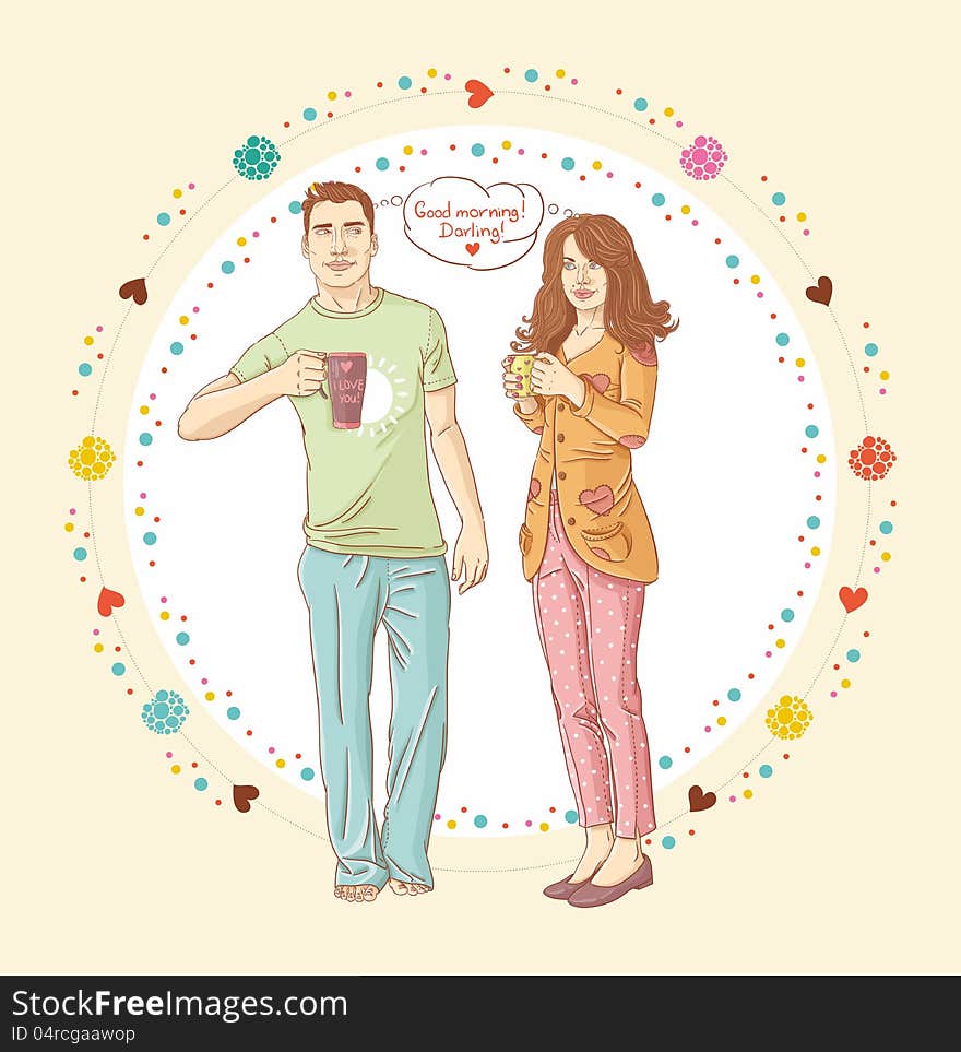 Portrait of a happy young couple drinking coffee together. Good morning banner