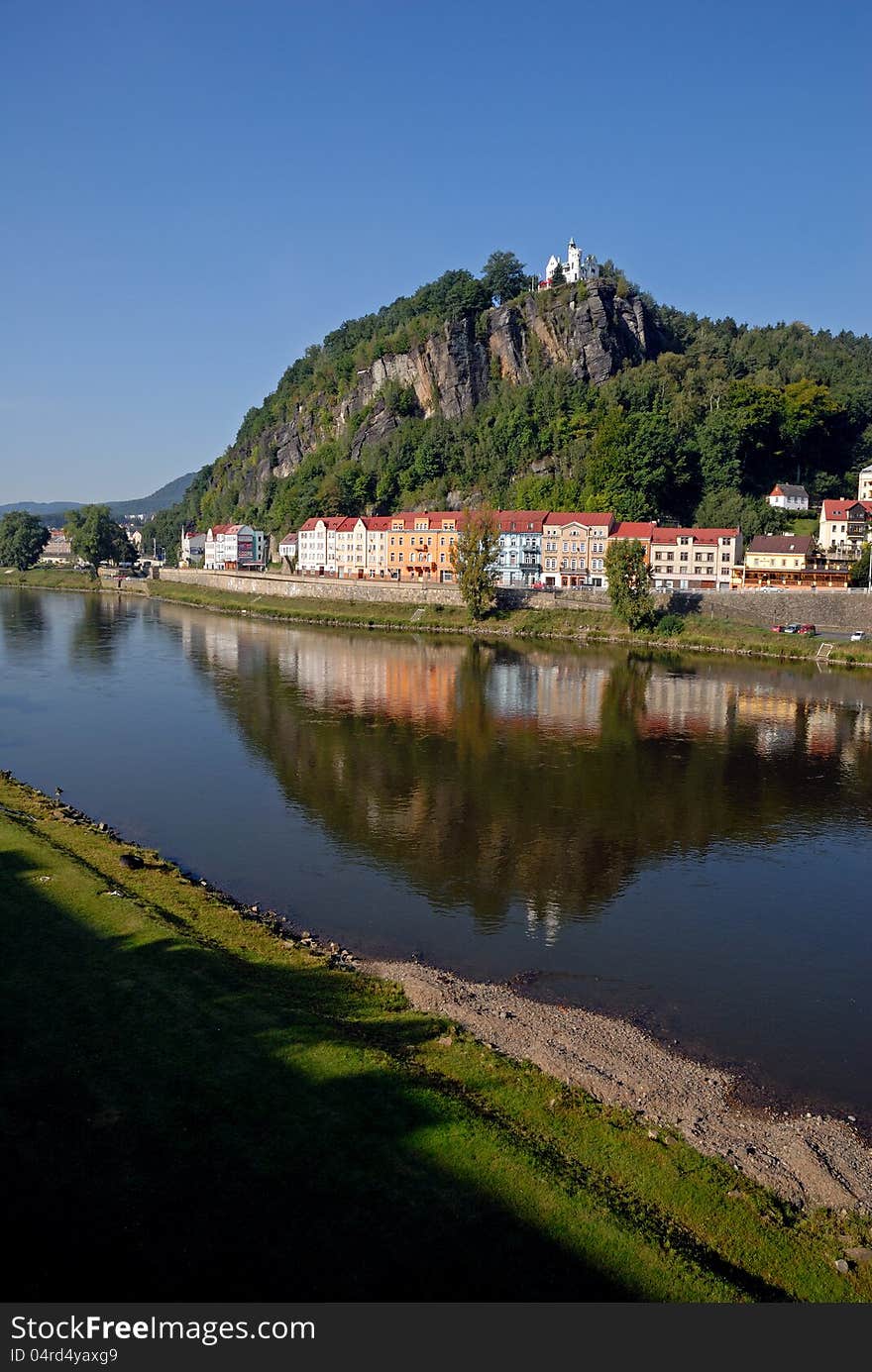 Historical building Tanecnice with a café stands on a rock high above the river Elbe in Decin. Historical building Tanecnice with a café stands on a rock high above the river Elbe in Decin.