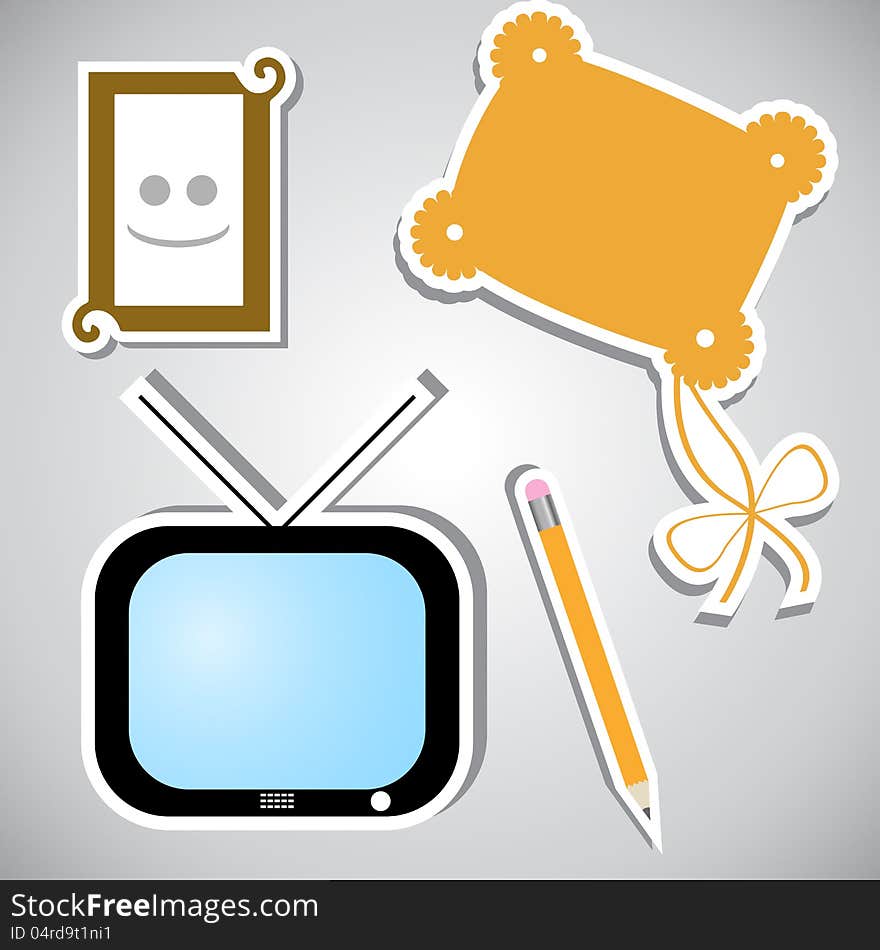 Set of stickers with different objects. Additional vector format Eps8.