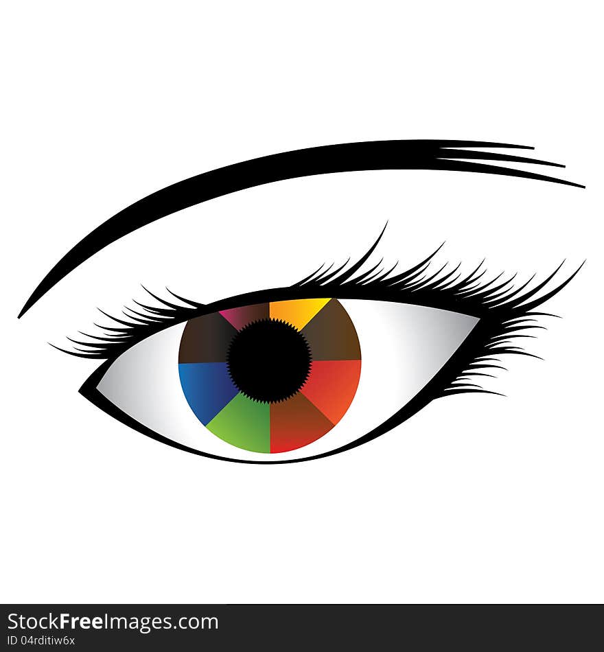 Colorful illustration of human eye with multicolored iris showing almost rainbow colors and black pupil at the center. The graphic(girl's eye) is created on a white background. Colorful illustration of human eye with multicolored iris showing almost rainbow colors and black pupil at the center. The graphic(girl's eye) is created on a white background