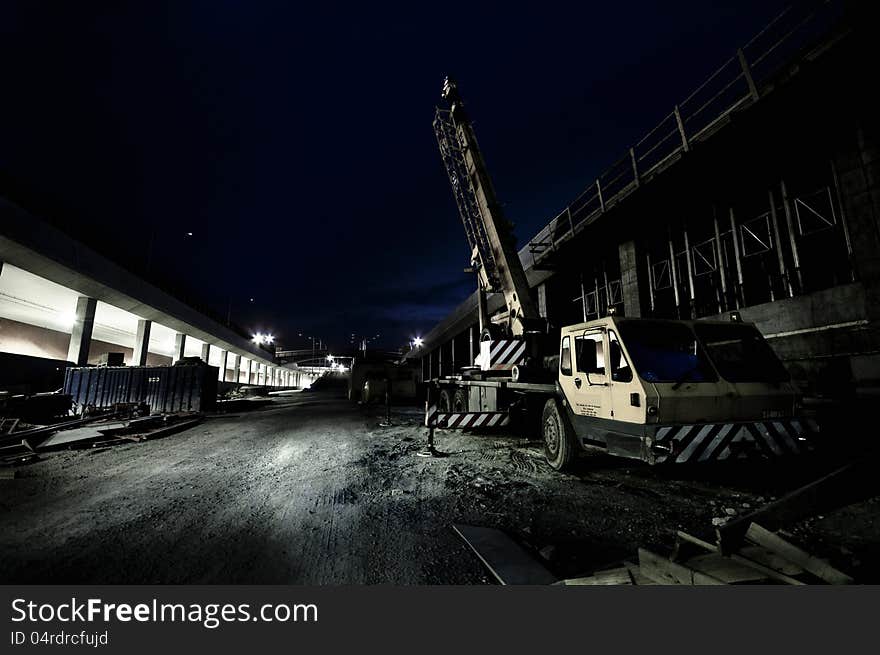 Mobile crane at night