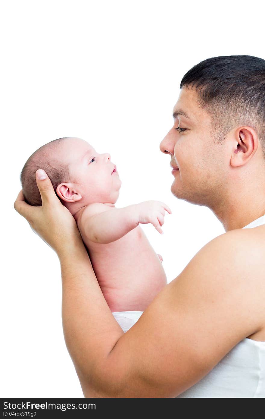 Happy father holding baby in his hands isolated on white. Happy father holding baby in his hands isolated on white