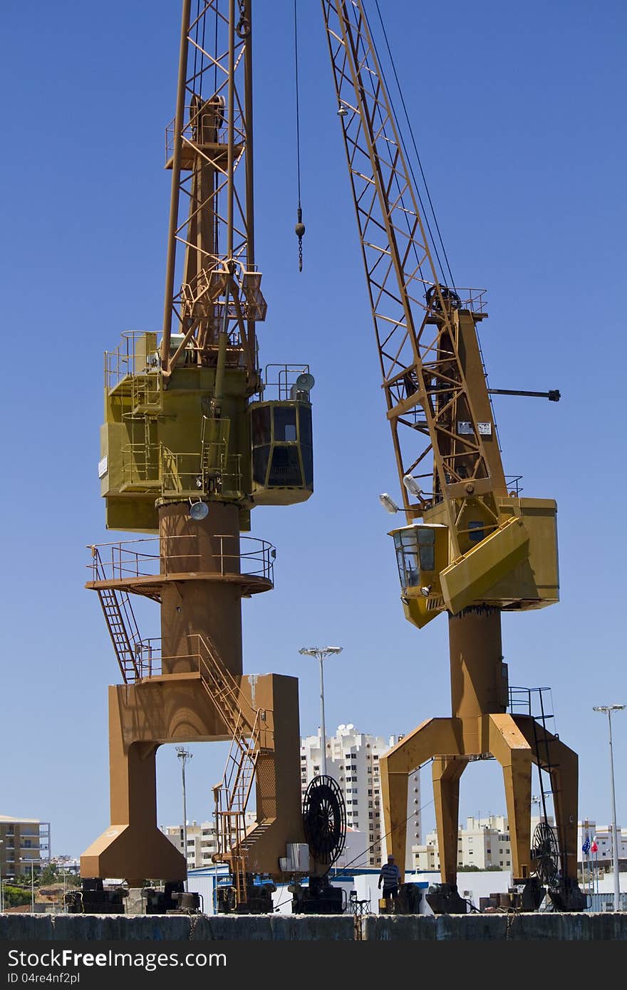 View of a port crane at the docks.