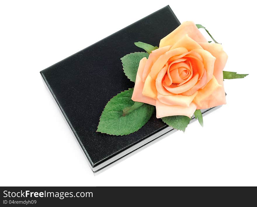 Black  gift box with rose, isolated on white