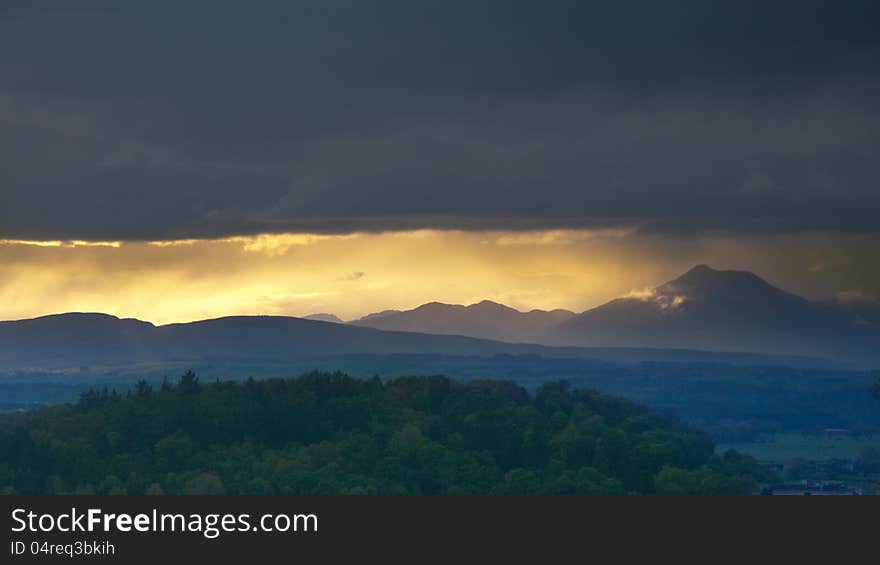 Scottish Highlands at sunset, View from castle hill in Stirling.