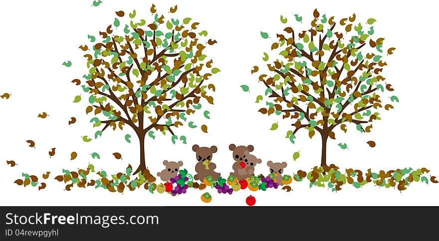 A bear family is filling their mouth with autumn fruits in the forest for preparation for hibernation. A bear family is filling their mouth with autumn fruits in the forest for preparation for hibernation.