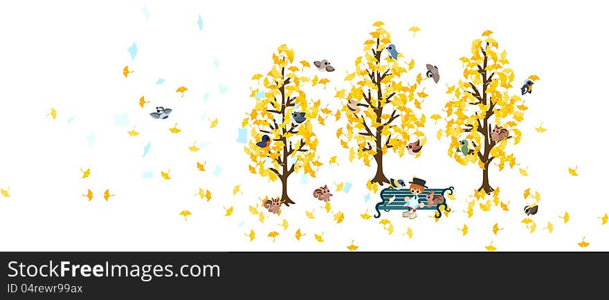 A man is reading a book with small animals on the bench in the forest that ginkgo leaves are dancing. A man is reading a book with small animals on the bench in the forest that ginkgo leaves are dancing.