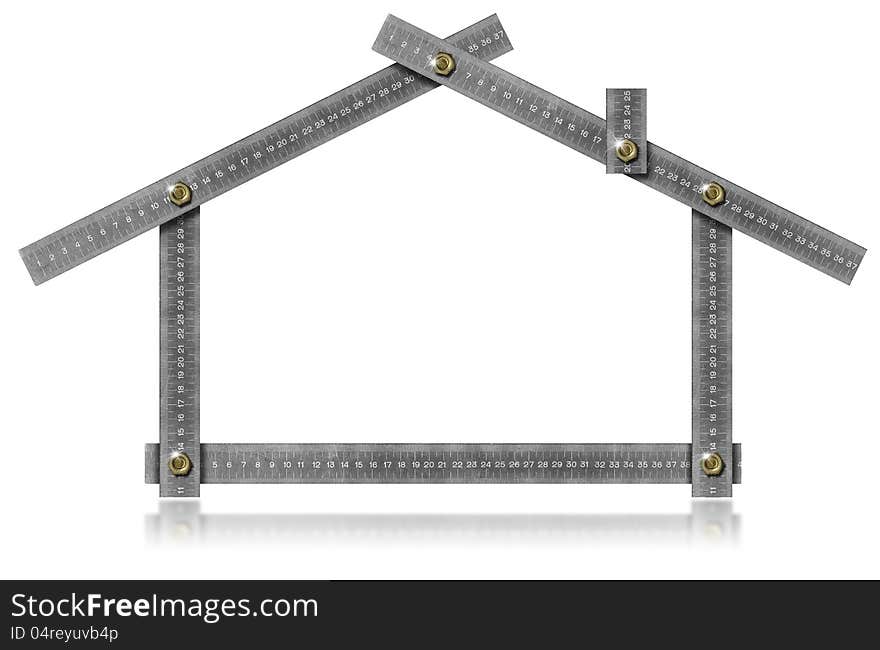 Metal meter tool forming a house with bolts and reflections. Metal meter tool forming a house with bolts and reflections