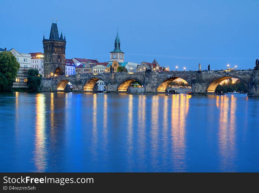 The Charles Bridge in early evening in Prague, Czech Republic.