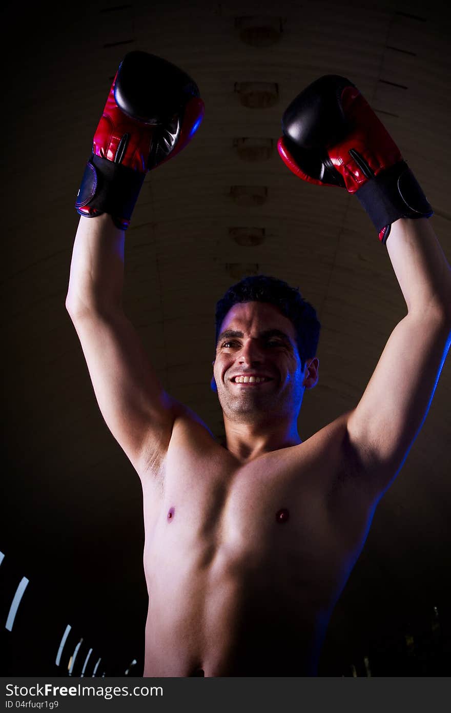 View of a fit fighter with boxing gloves on a winning pose