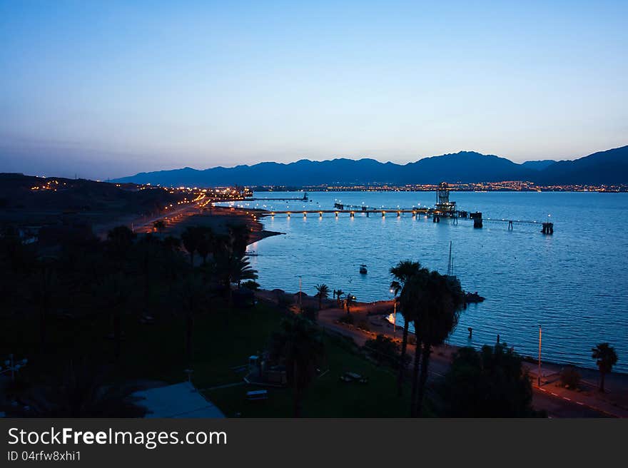 Beautiful night view over the bay of Eilat resort city Red Sea Israel. Beautiful night view over the bay of Eilat resort city Red Sea Israel