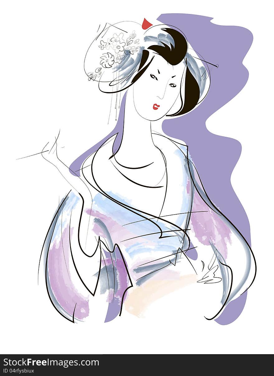 Sketch of a girl dressed as a geisha