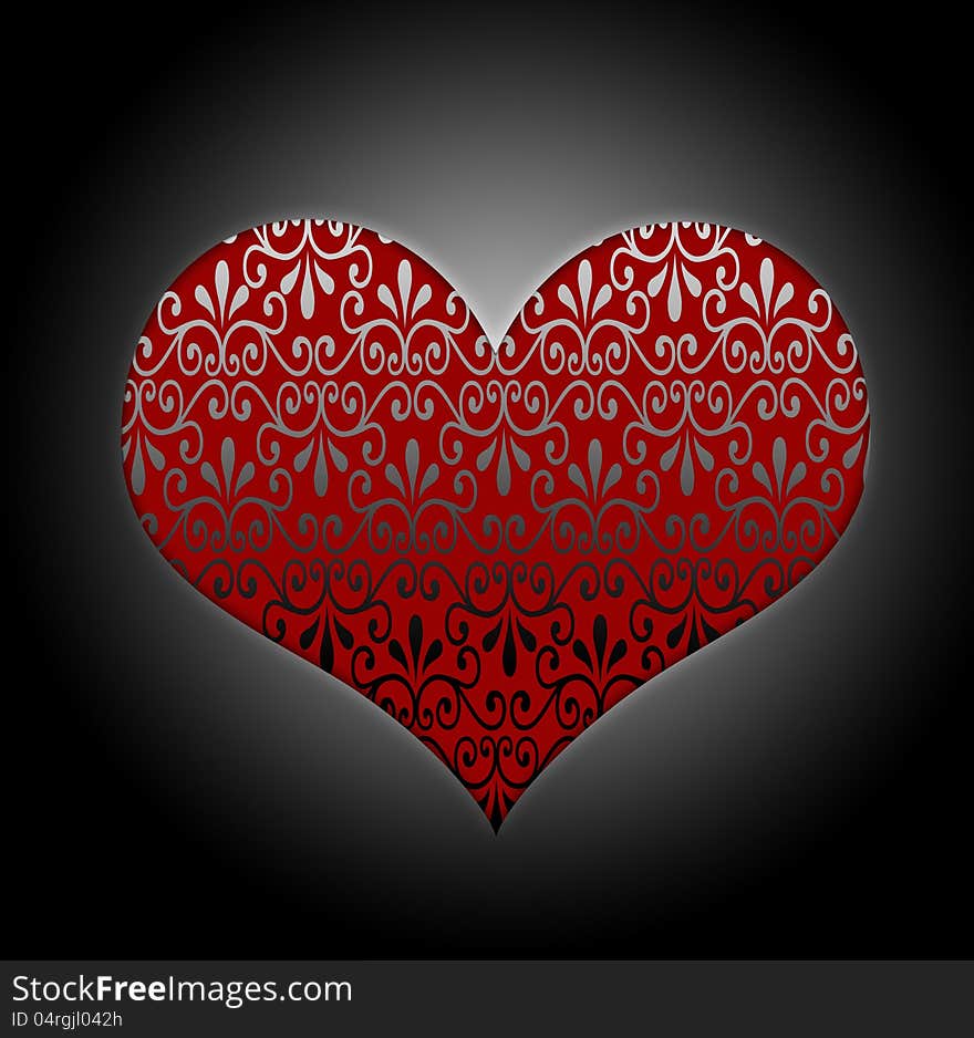 One red heart elegantly decorated on black background.