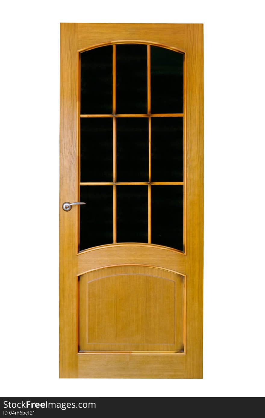 Wood door with glass on a white background